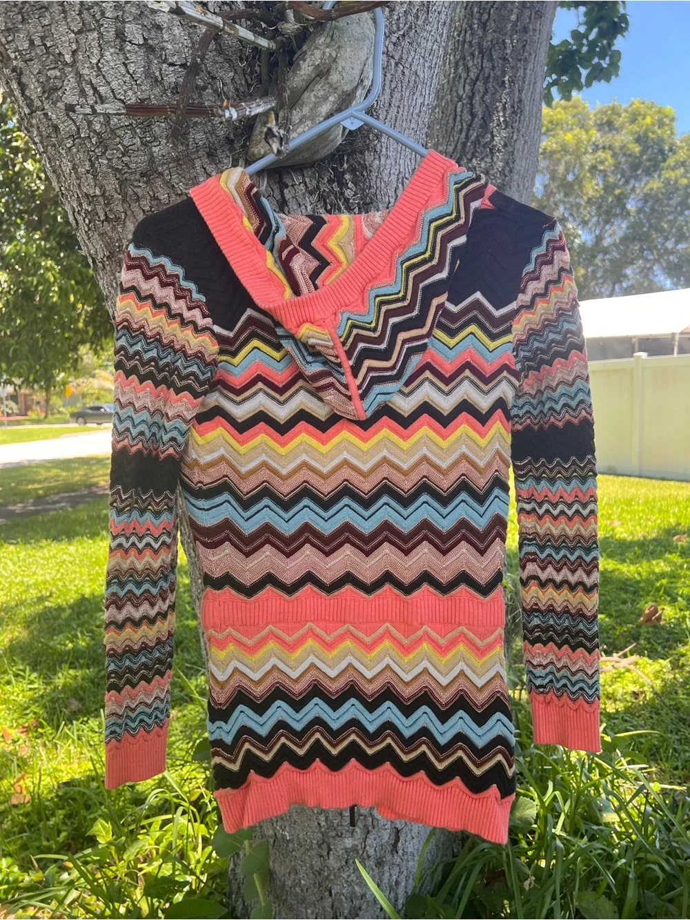 Missoni  Multicolor Chevron Zip Hoodie Jacket - coral  Accent trim